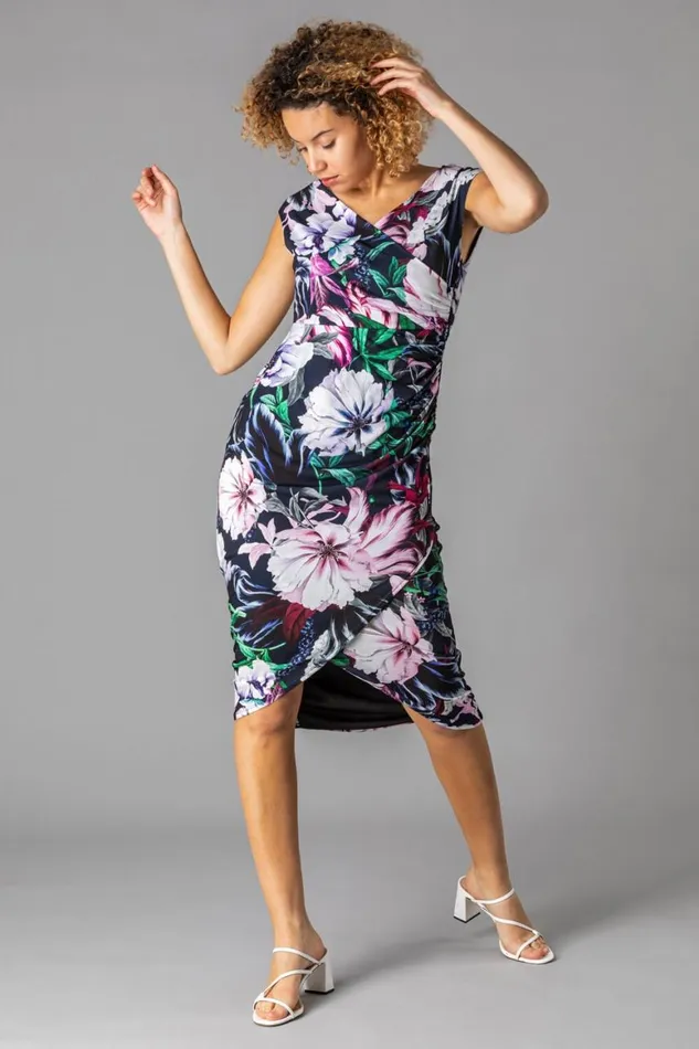 Women Navy Floral Print Ruched Wrap Dress Roman Dresses