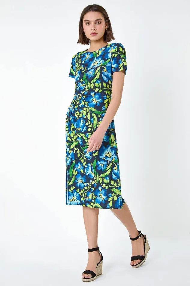 Women Navy Floral Ruched Split Detail Dress Roman Dresses