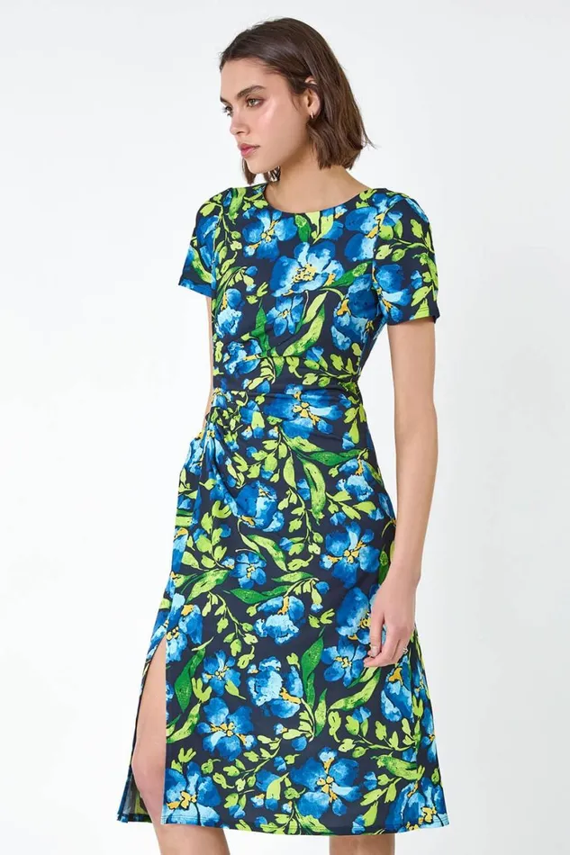Women Navy Floral Ruched Split Detail Dress Roman Dresses