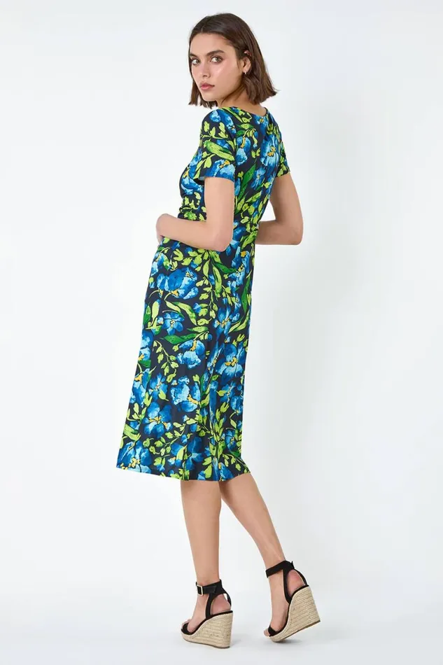 Women Navy Floral Ruched Split Detail Dress Roman Dresses