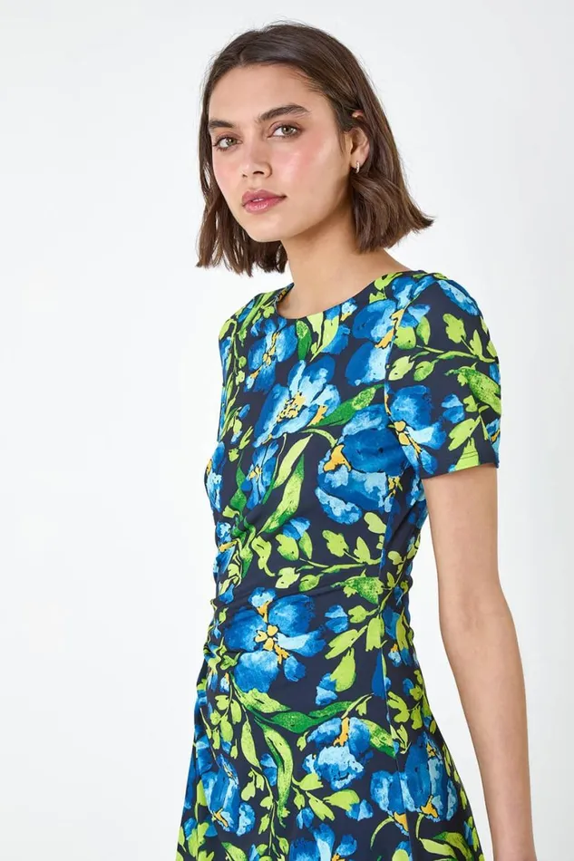 Women Navy Floral Ruched Split Detail Dress Roman Dresses
