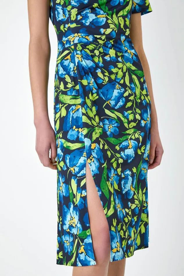 Women Navy Floral Ruched Split Detail Dress Roman Dresses