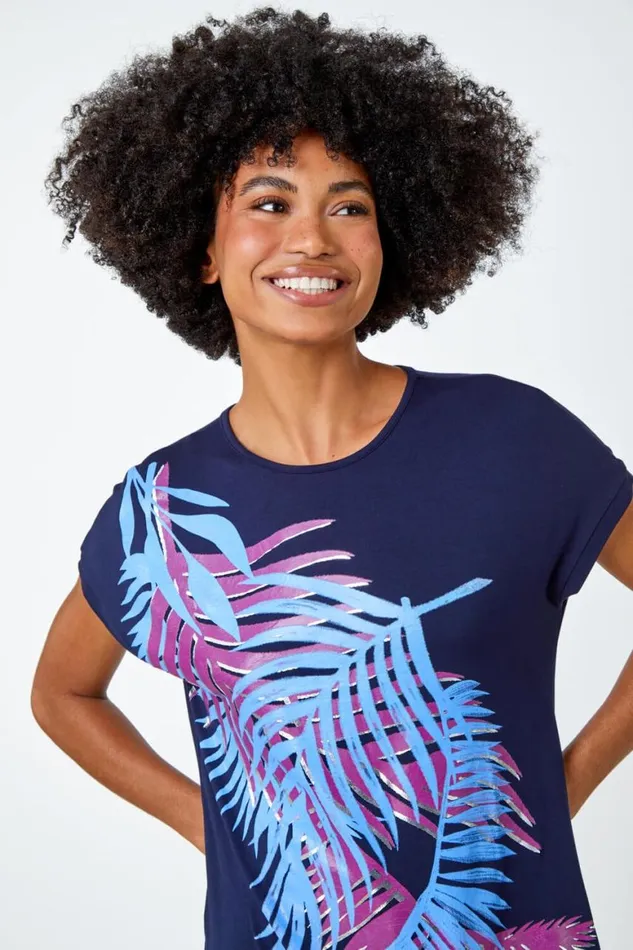 Women Navy Foil Leaf Print TShirt Roman Tops
