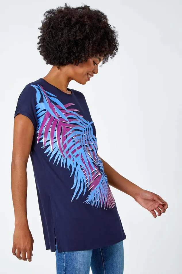Women Navy Foil Leaf Print TShirt Roman Tops