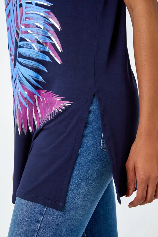 Women Navy Foil Leaf Print TShirt Roman Tops