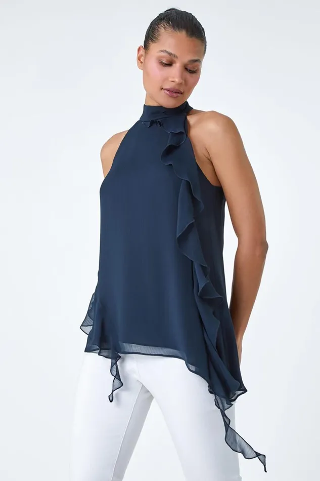 Women Navy Halterneck Asymmetric VNeck Frill Detail Top Roman Tops