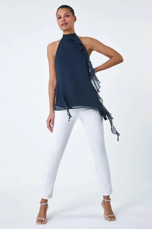 Women Navy Halterneck Asymmetric VNeck Frill Detail Top Roman Tops