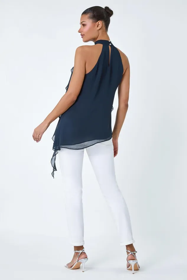 Women Navy Halterneck Asymmetric VNeck Frill Detail Top Roman Tops