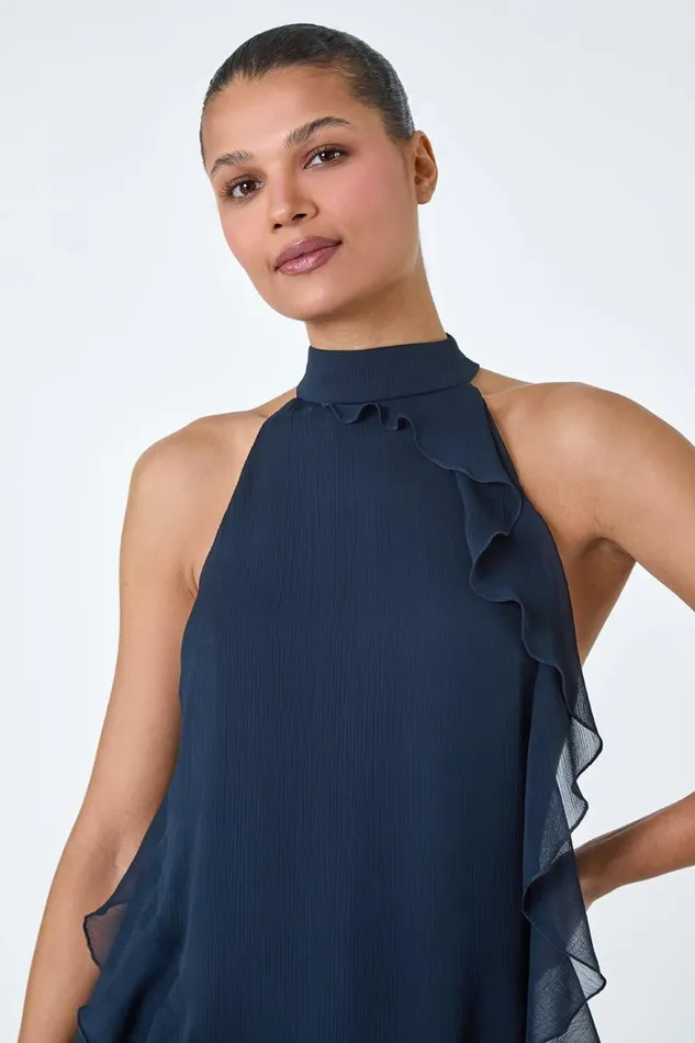 Women Navy Halterneck Asymmetric VNeck Frill Detail Top Roman Tops