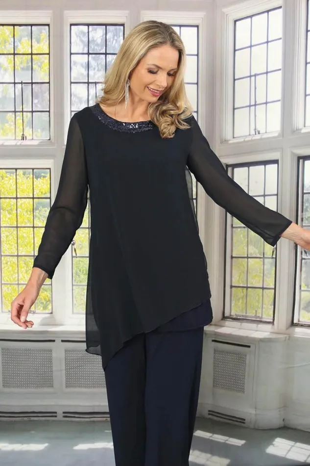 Women Navy Julianna Asymmetric Chiffon Sequin Top Roman Tops
