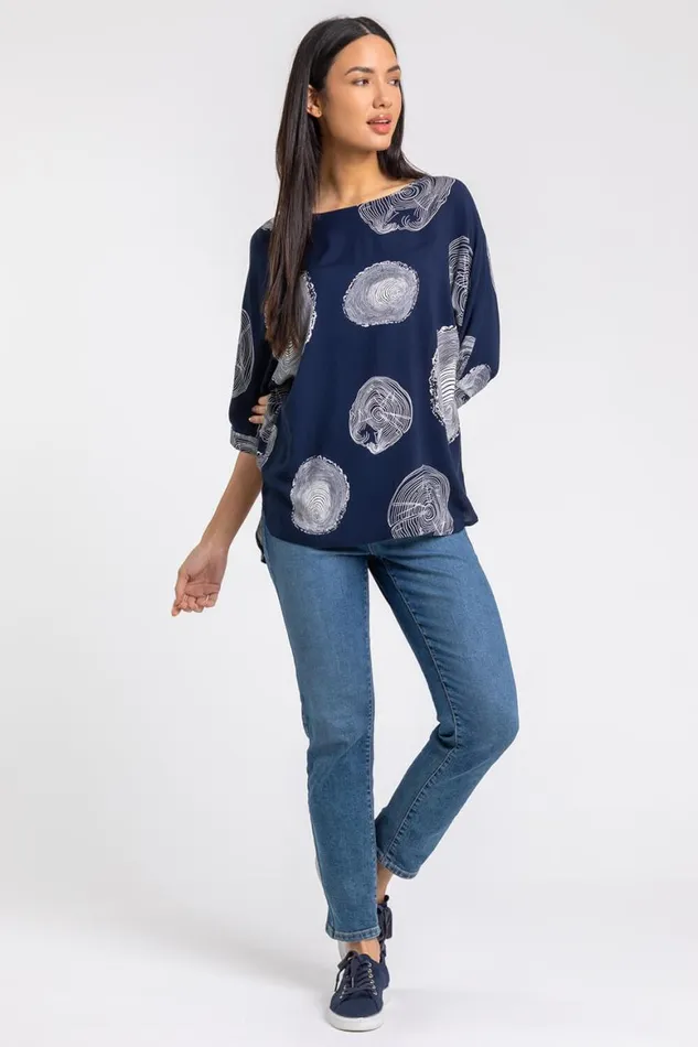 Women Navy Linear Abstract Print Tunic Top Roman Tops