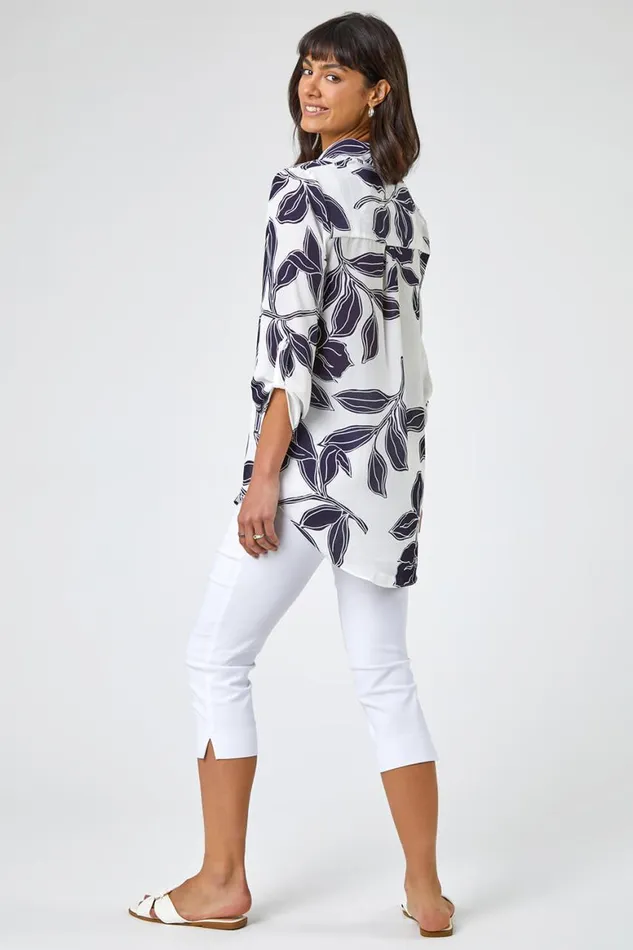 Women Navy Linear Floral Print Overshirt Roman Tops