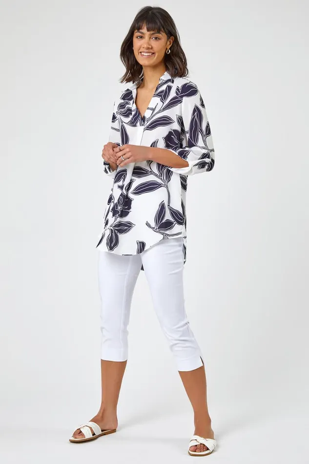 Women Navy Linear Floral Print Overshirt Roman Tops