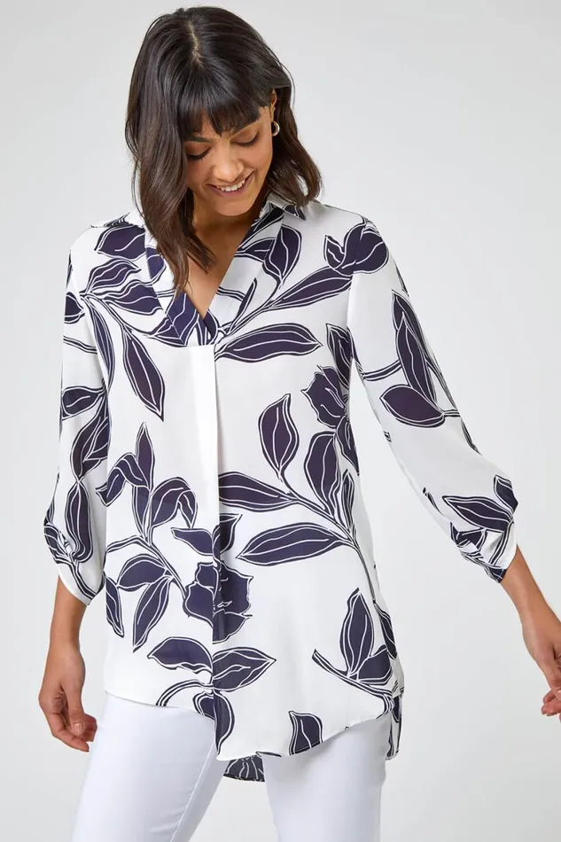Women Navy Linear Floral Print Overshirt Roman Tops
