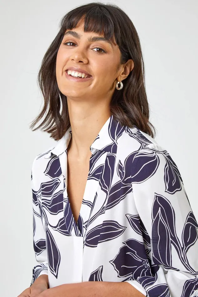Women Navy Linear Floral Print Overshirt Roman Tops