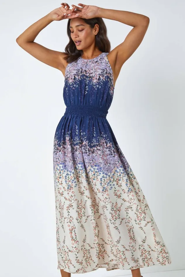 Women Navy Ombre Floral Halter Neck Maxi Dress Roman Dresses
