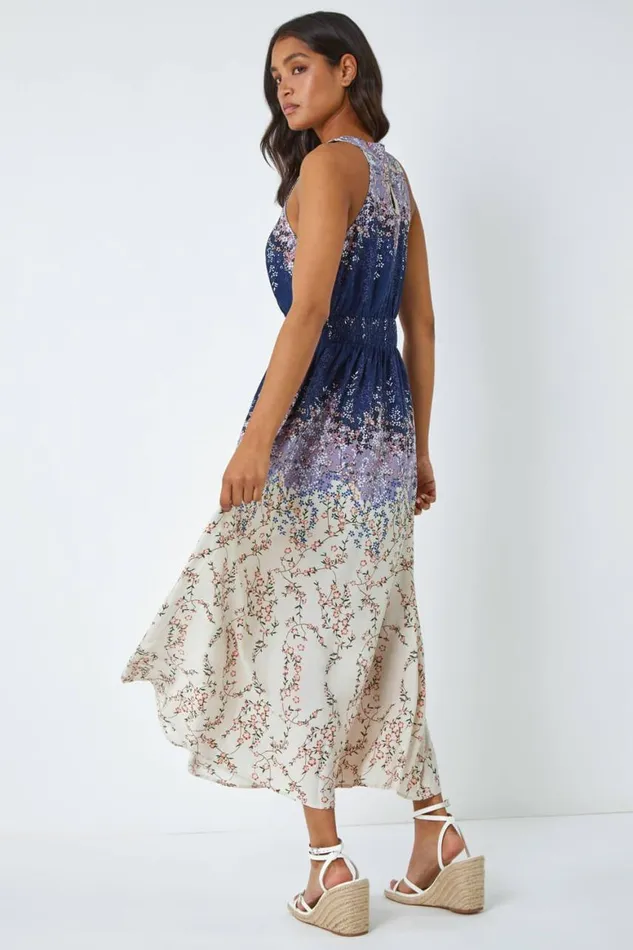 Women Navy Ombre Floral Halter Neck Maxi Dress Roman Dresses
