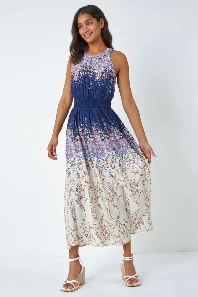 Women Navy Ombre Floral Halter Neck Maxi Dress Roman Dresses