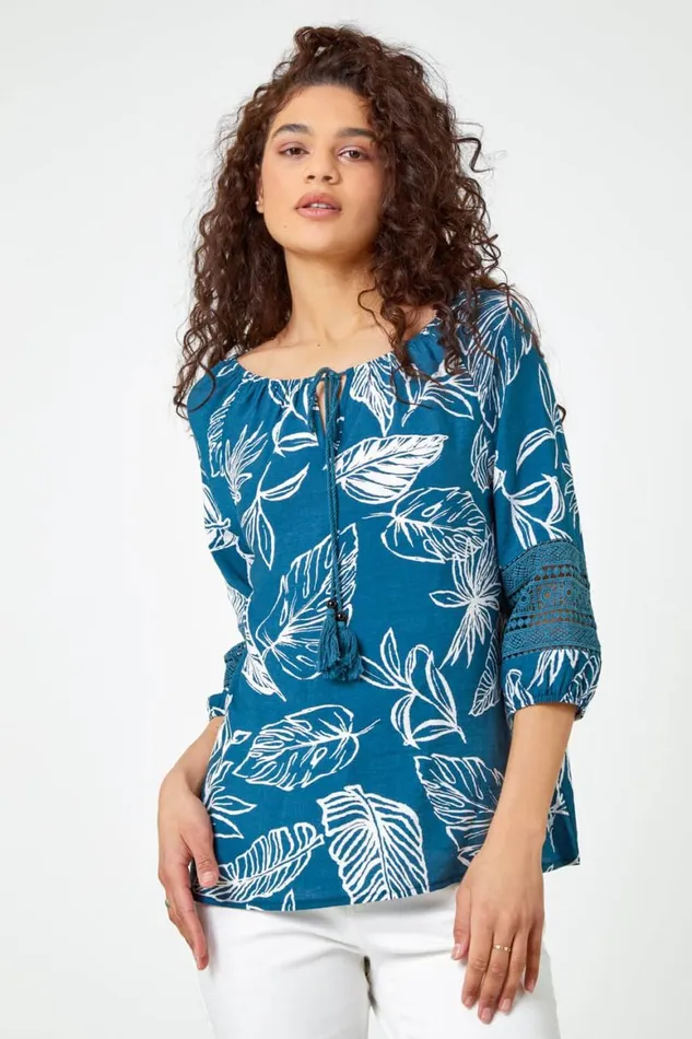 Women Navy Palm Print Tassel Detail Bardot Top Roman Tops