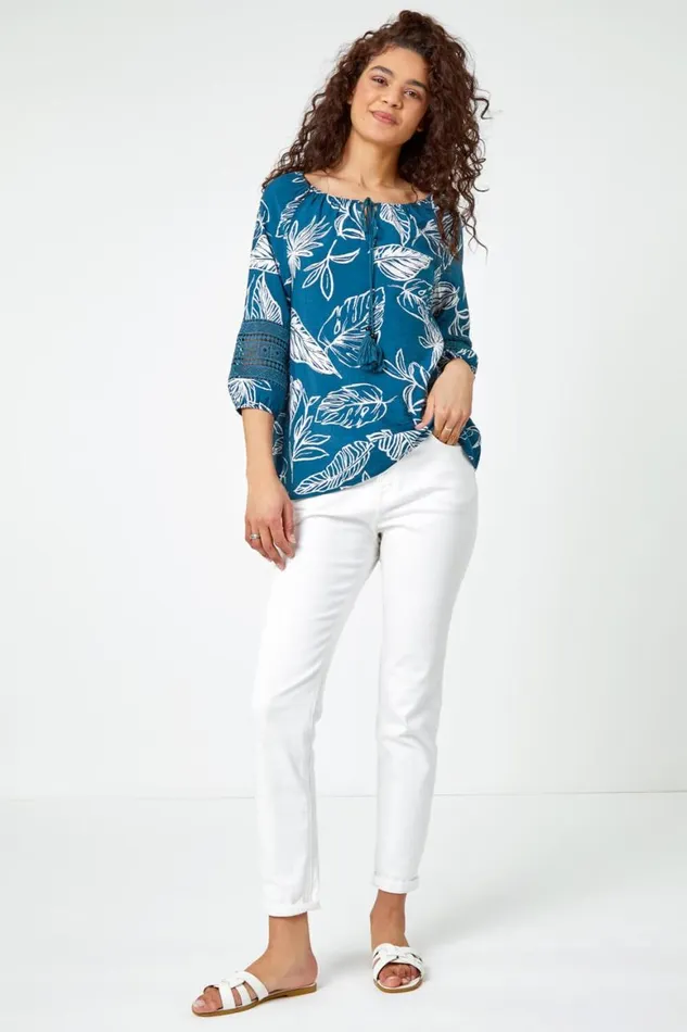 Women Navy Palm Print Tassel Detail Bardot Top Roman Tops