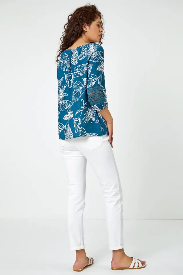 Women Navy Palm Print Tassel Detail Bardot Top Roman Tops