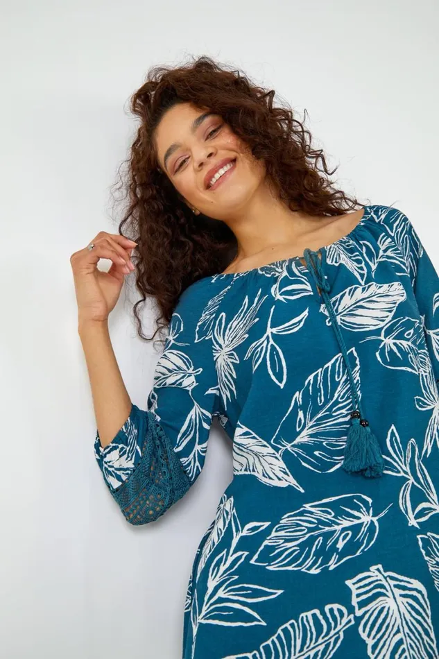 Women Navy Palm Print Tassel Detail Bardot Top Roman Tops
