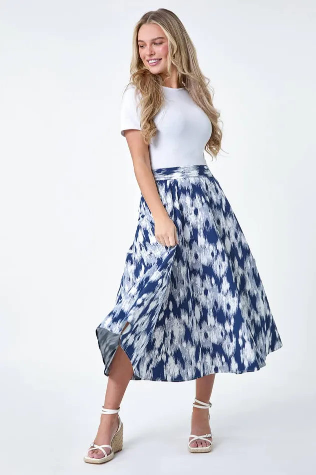 Women Navy Petite Abstract Print Cotton Pocket Skirt Roman Skirts