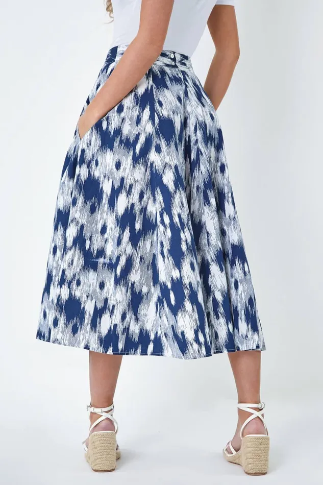 Women Navy Petite Abstract Print Cotton Pocket Skirt Roman Skirts