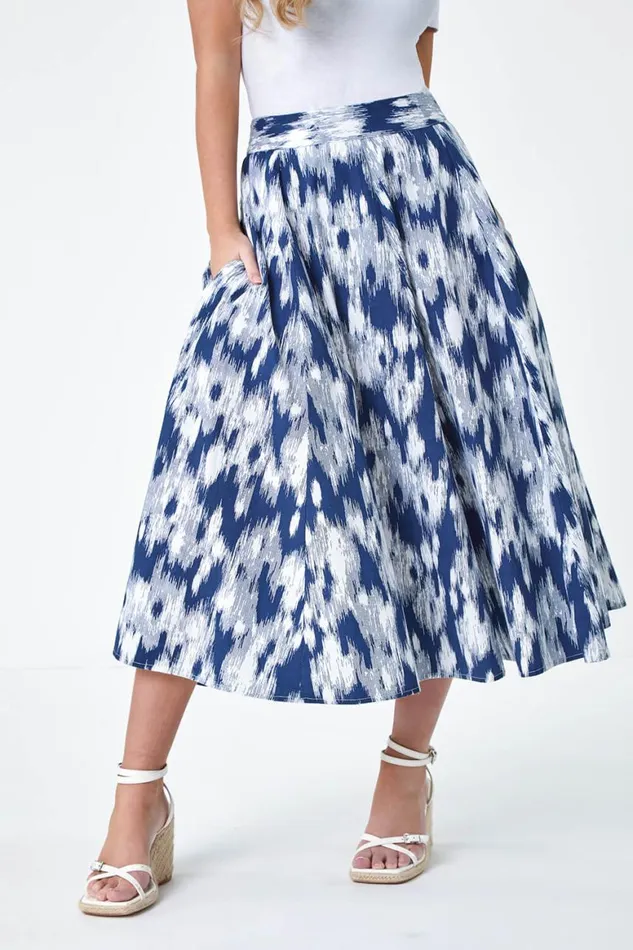 Women Navy Petite Abstract Print Cotton Pocket Skirt Roman Skirts