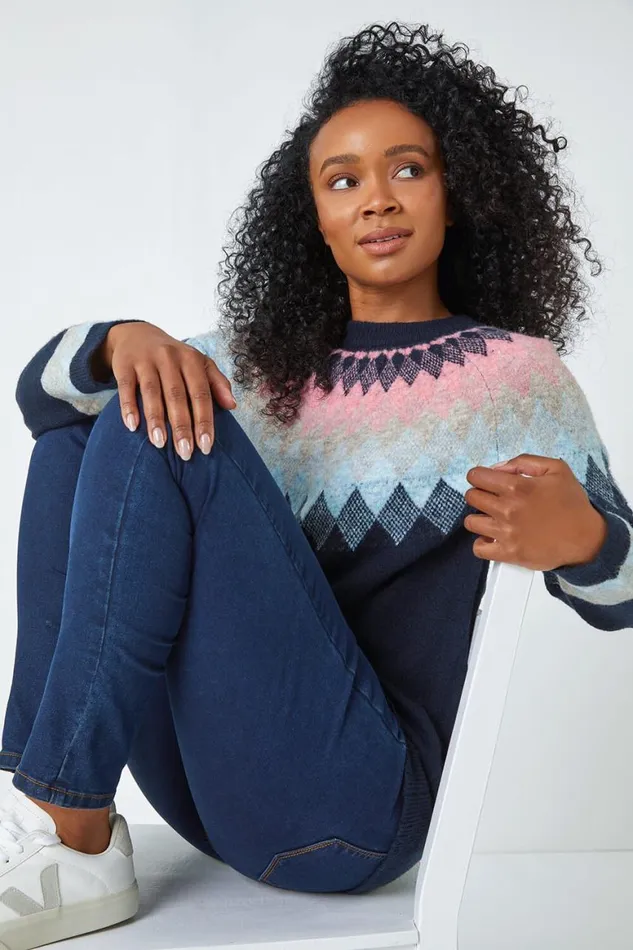 Women Navy Petite Diamond Print Jumper Roman Knitwear