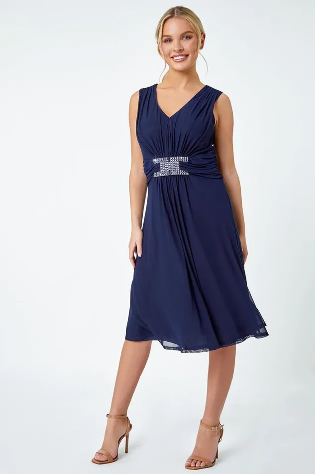 Women Navy Petite Embellished Waist Stretch Dress Roman Dresses