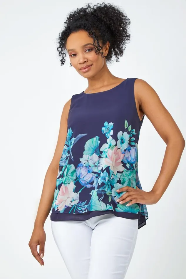 Women Navy Petite Floral Border Print Top Roman Tops