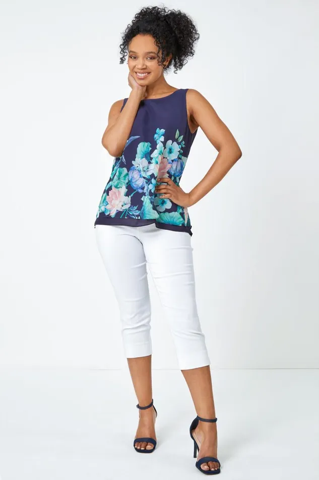 Women Navy Petite Floral Border Print Top Roman Tops