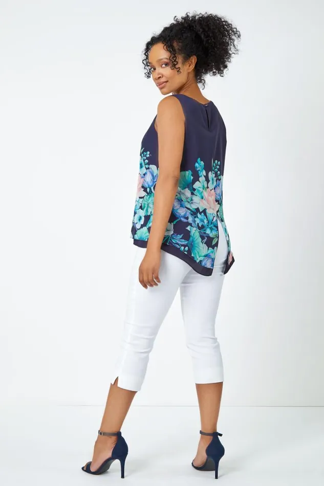 Women Navy Petite Floral Border Print Top Roman Tops