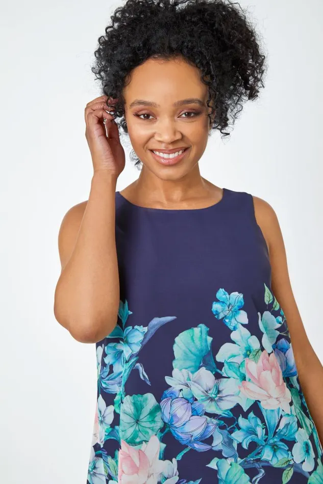 Women Navy Petite Floral Border Print Top Roman Tops