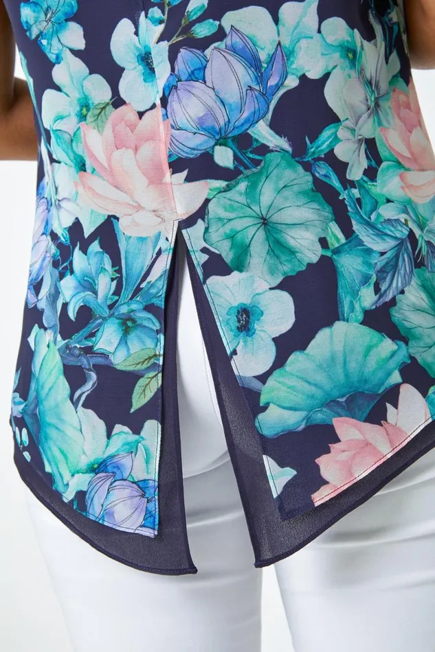 Women Navy Petite Floral Border Print Top Roman Tops