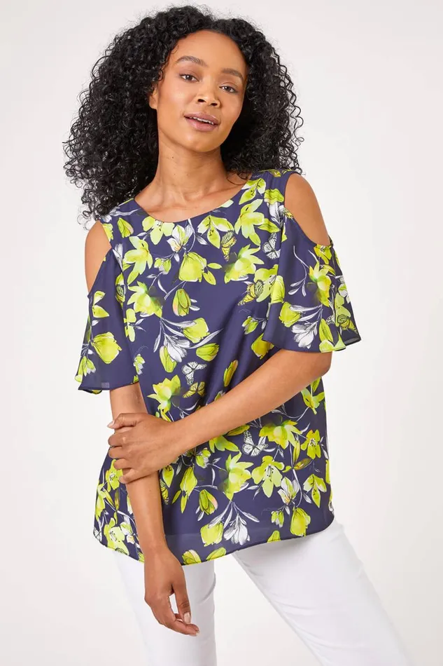 Women Navy Petite Floral Print Cold Shoulder Chiffon Top Roman Tops