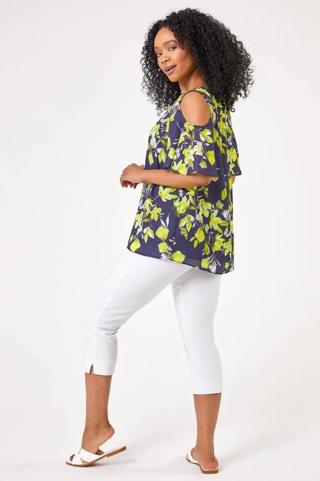 Women Navy Petite Floral Print Cold Shoulder Chiffon Top Roman Tops