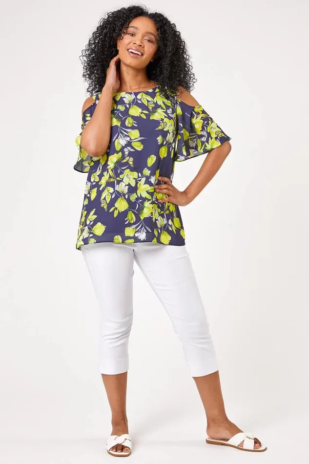 Women Navy Petite Floral Print Cold Shoulder Chiffon Top Roman Tops
