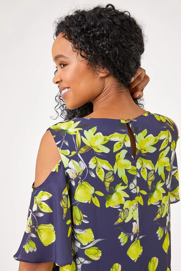Women Navy Petite Floral Print Cold Shoulder Chiffon Top Roman Tops