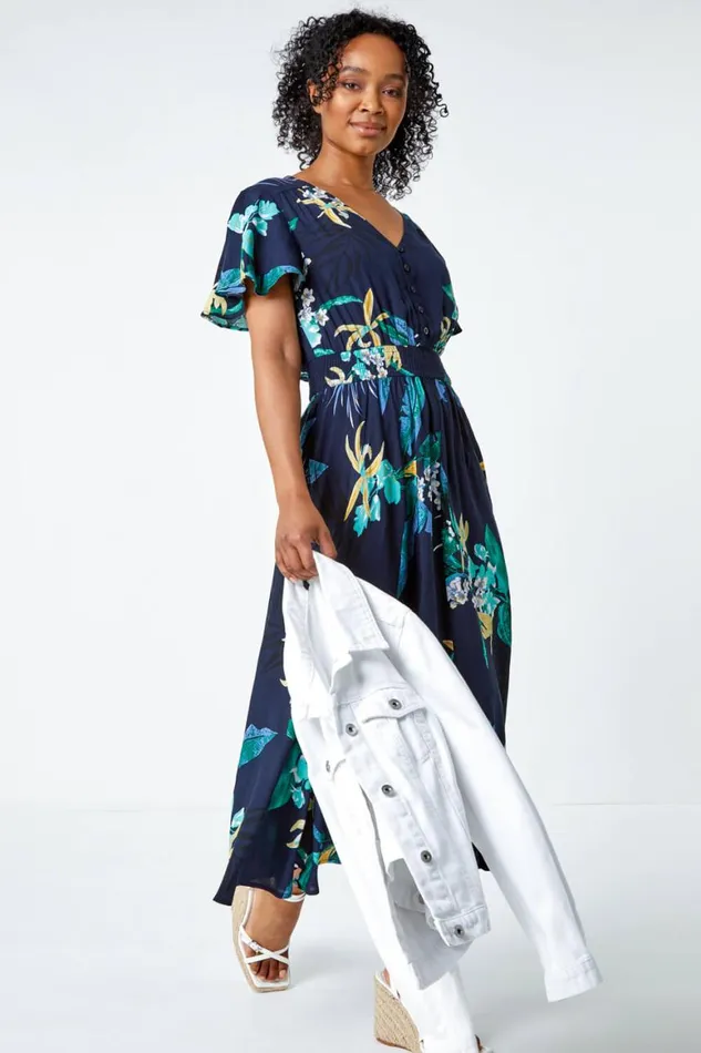 Women Navy Petite Floral Shirred Midi Dress Roman Dresses
