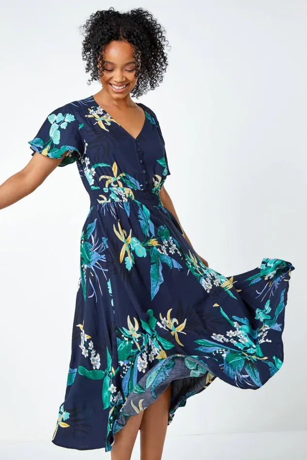 Women Navy Petite Floral Shirred Midi Dress Roman Dresses