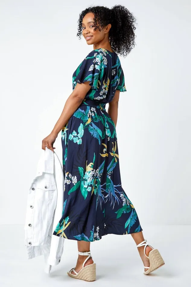 Women Navy Petite Floral Shirred Midi Dress Roman Dresses