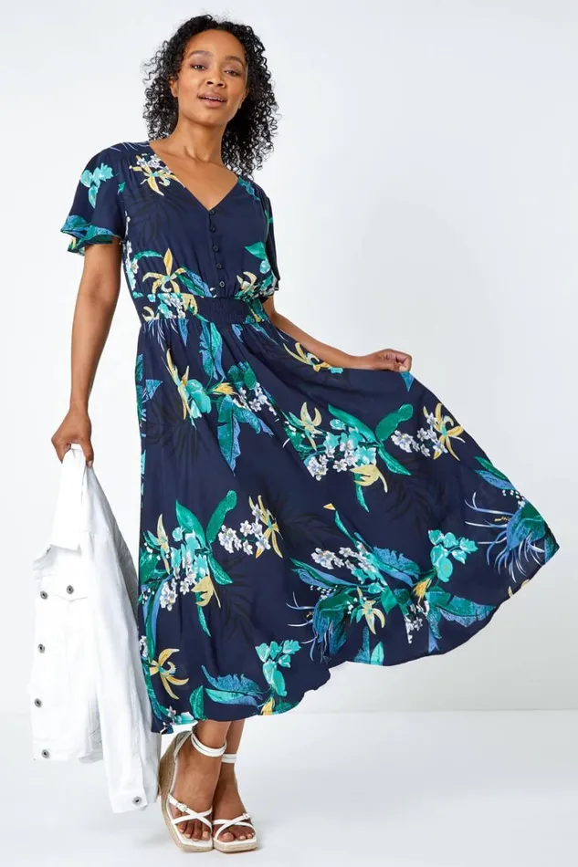 Women Navy Petite Floral Shirred Midi Dress Roman Dresses