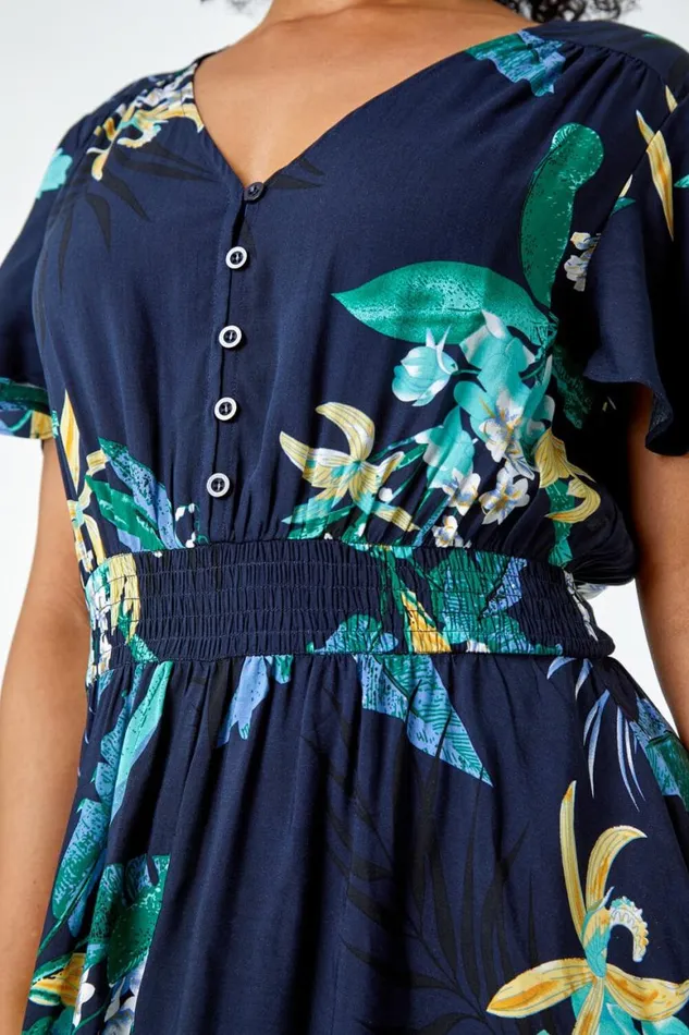 Women Navy Petite Floral Shirred Midi Dress Roman Dresses