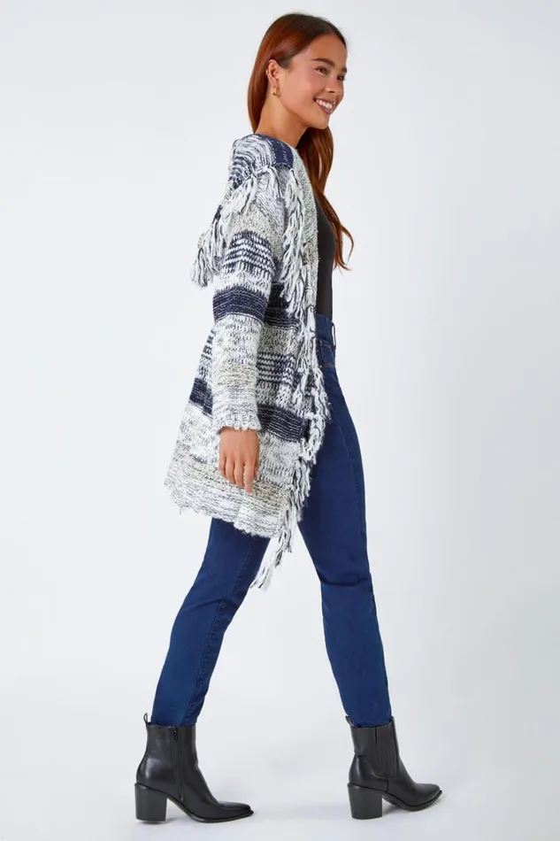 Women Navy Petite Fringed Hooded Cardigan Roman Knitwear