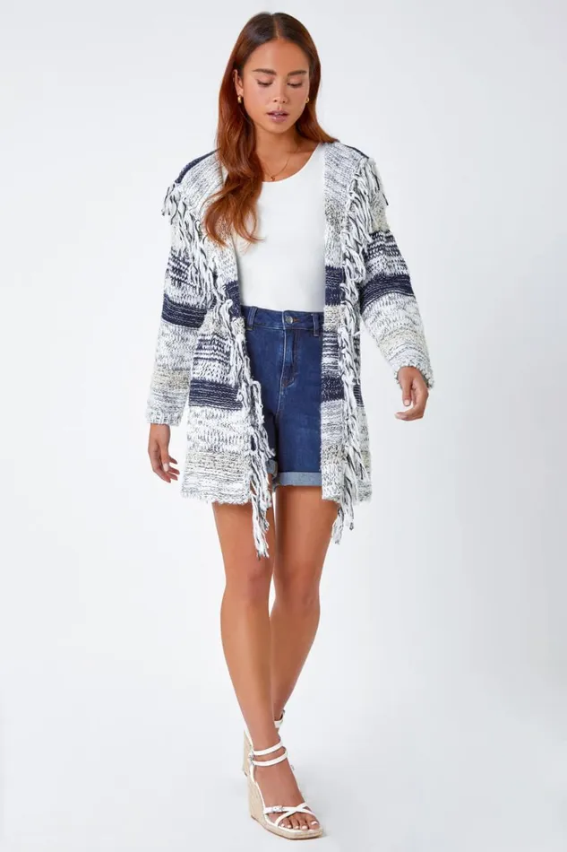 Women Navy Petite Fringed Hooded Cardigan Roman Knitwear