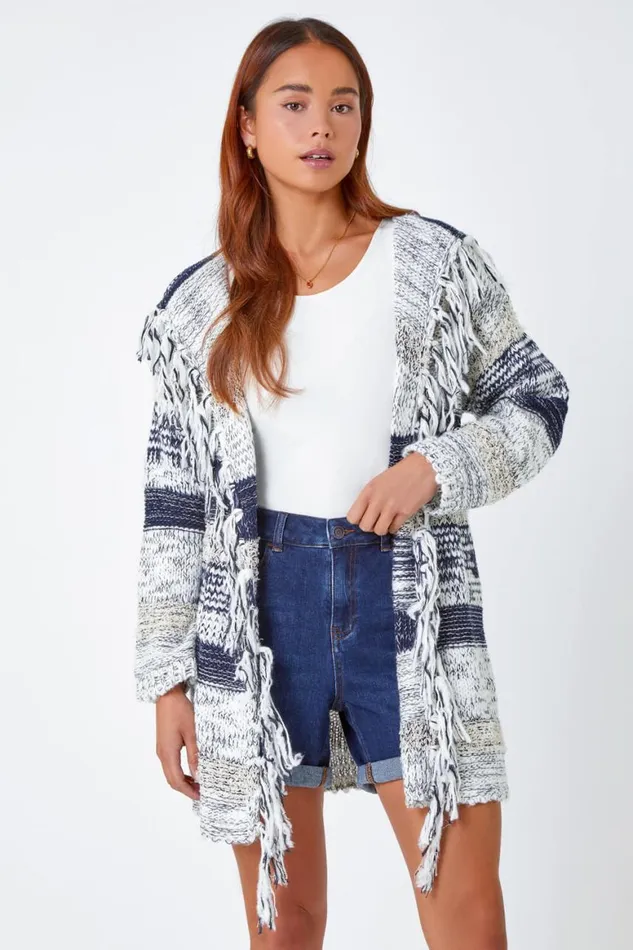 Women Navy Petite Fringed Hooded Cardigan Roman Knitwear
