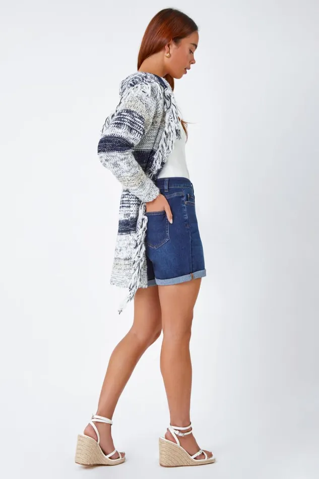 Women Navy Petite Fringed Hooded Cardigan Roman Knitwear