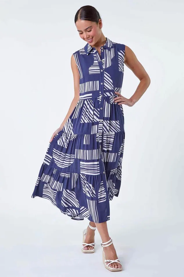 Women Navy Petite Geometric Midi Shirt Dress Roman Dresses